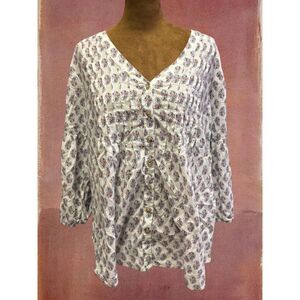 Boho JJILL Block Print Cotton Feminine Lightweight Paisley Career Work Blouse